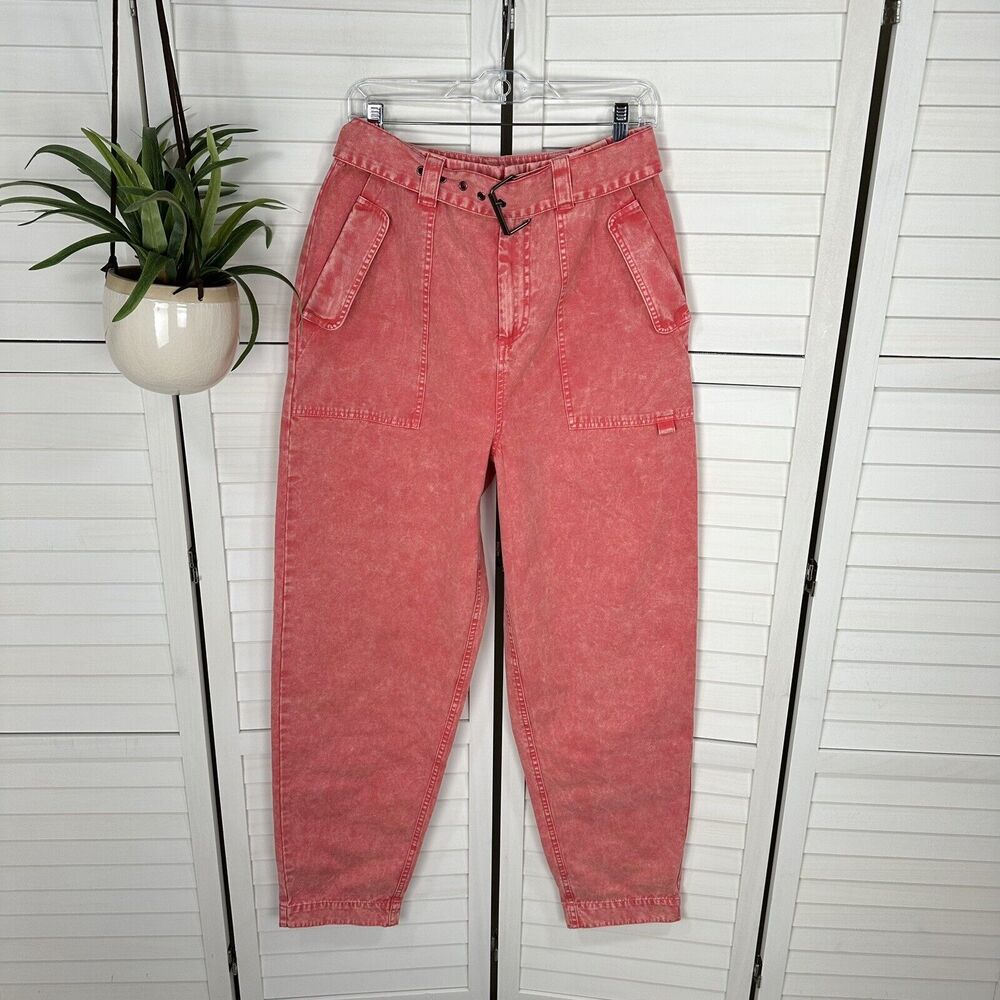 ASOS Design Balloon‎ Leg Worker Pant Retro Belted Coral Acid Wash Jeans Size 6